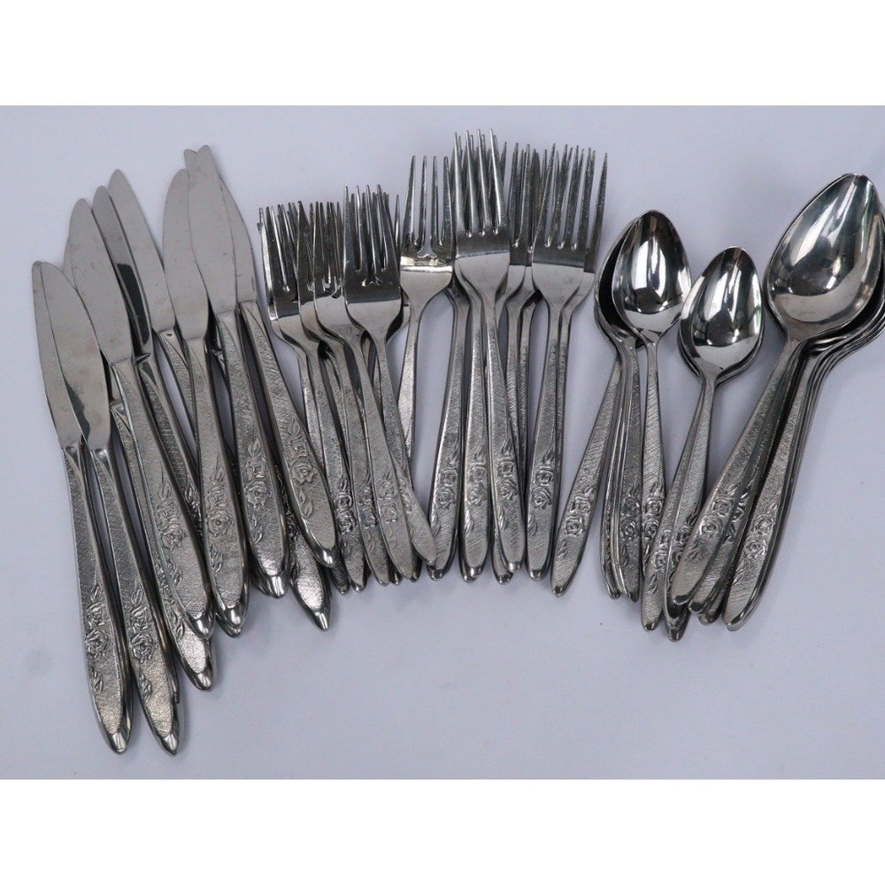 VTG Echo Eterna Carolyn Stainless Flatware Rose Pattern Utensil Silverware 50pc
